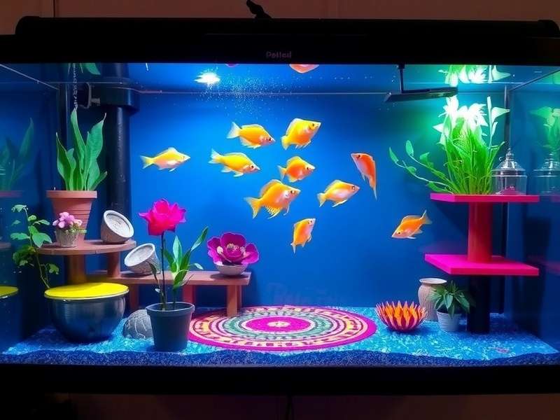 Indian Tropical Fish Party aquarium with regional Indian decorations like Tamil koothu stage and Gujarati Garba platform