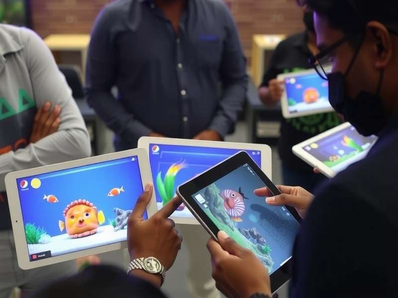 Indian Tropical Fish Party community meetup in Chennai with players showcasing their aquarium designs on tablets